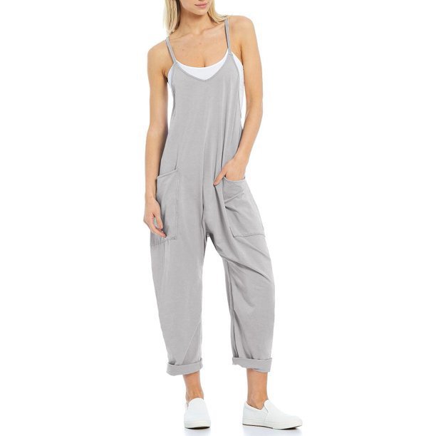 Sarah Express Women's Knitted Spaghetti Strap Jumpsuit - Loose Fit Wide Leg Overalls with Pockets