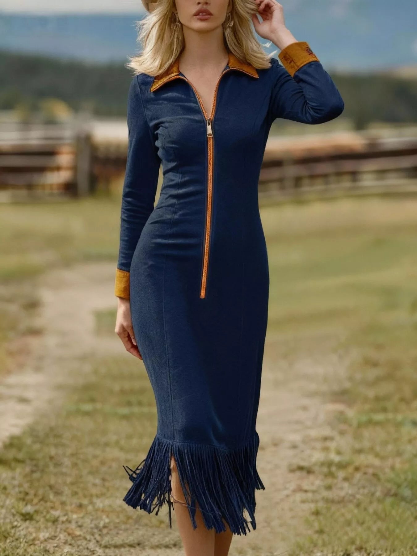 Sarah Express Women's Fringe Hem Zipper Front Bodycon Dress