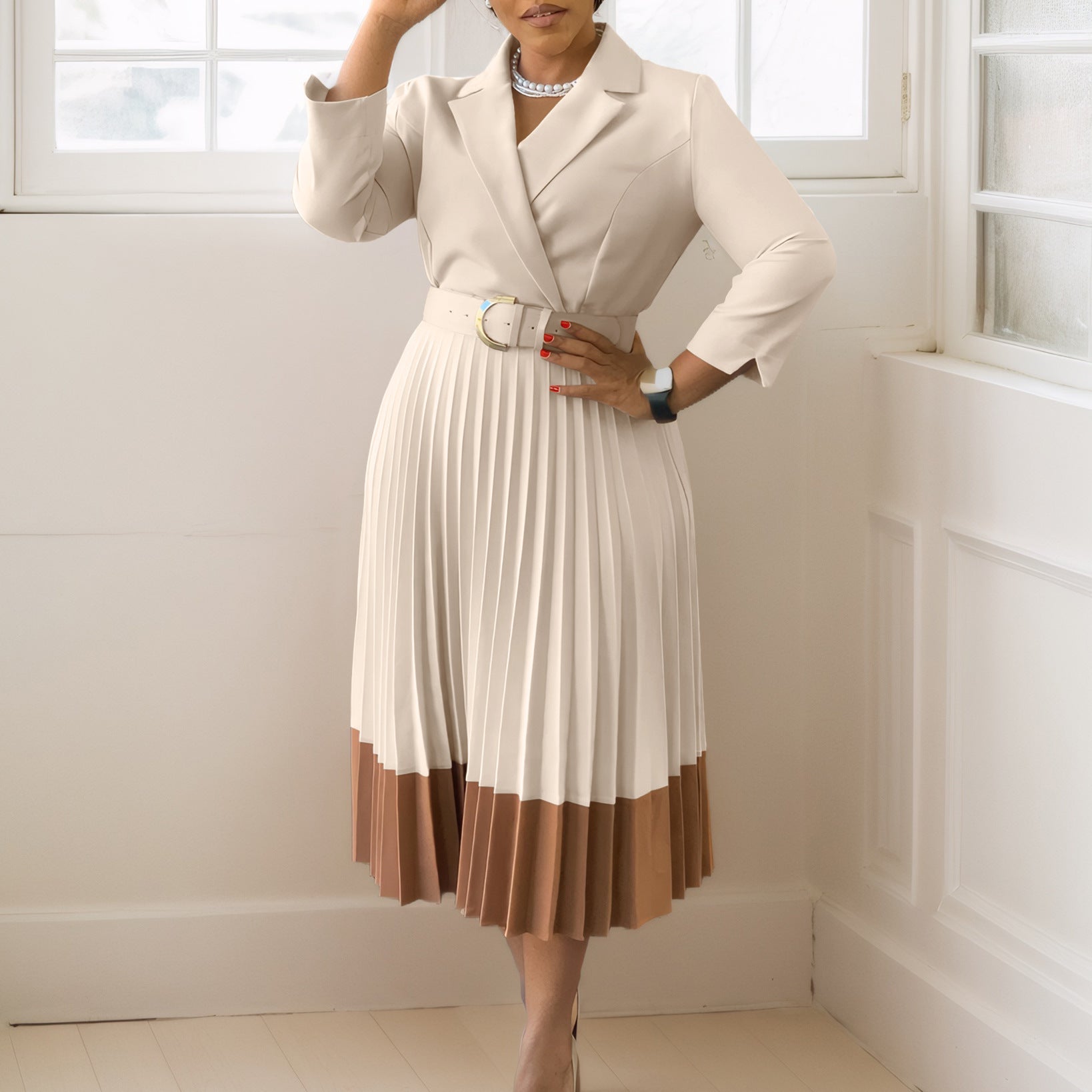 Sarah Express Women's Suit Collar Pleated A-Line Dress with Belt