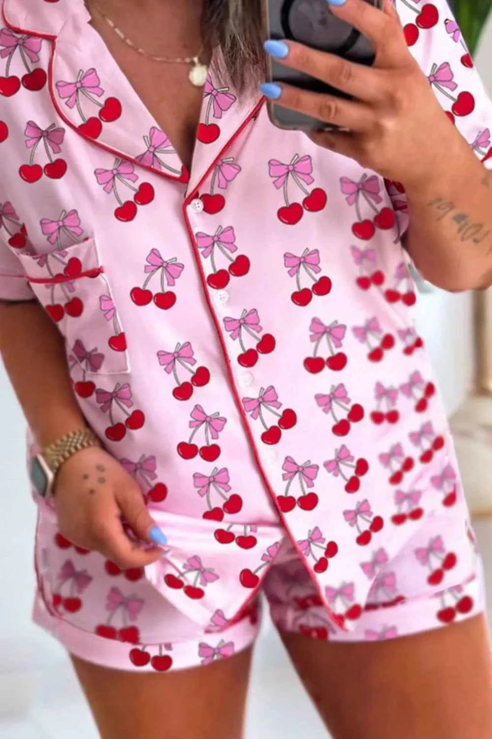 Sarah Express Women's Bow Print Button Up Pajama Set - Short Sleeve Top & Shorts