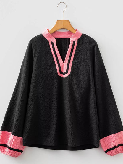 Sarah Express Women's Color Block Patchwork Detail Textured Long Sleeve Blouse