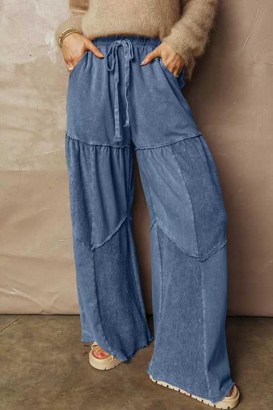 Sarah Express Women's Tiered Wide Leg Washed Pants Dusty Blue