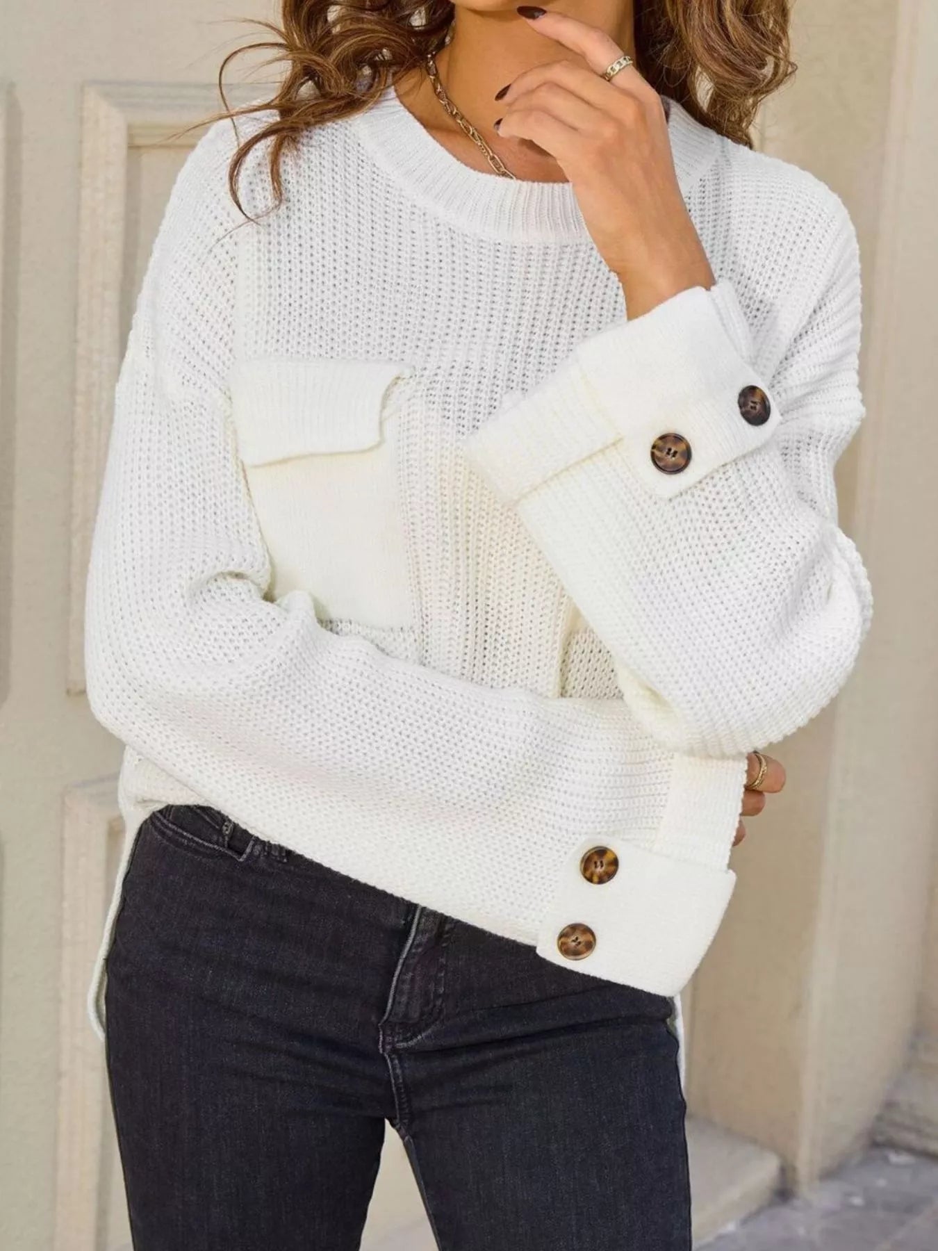 Sarah Express Women's Pocket Detail Round Neck Sweater - Button Front Cardigan