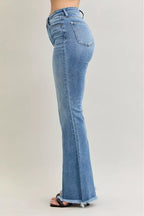 Sarah Express Women’s High Rise Flare Jeans with Fray Hem and Pintuck Detail