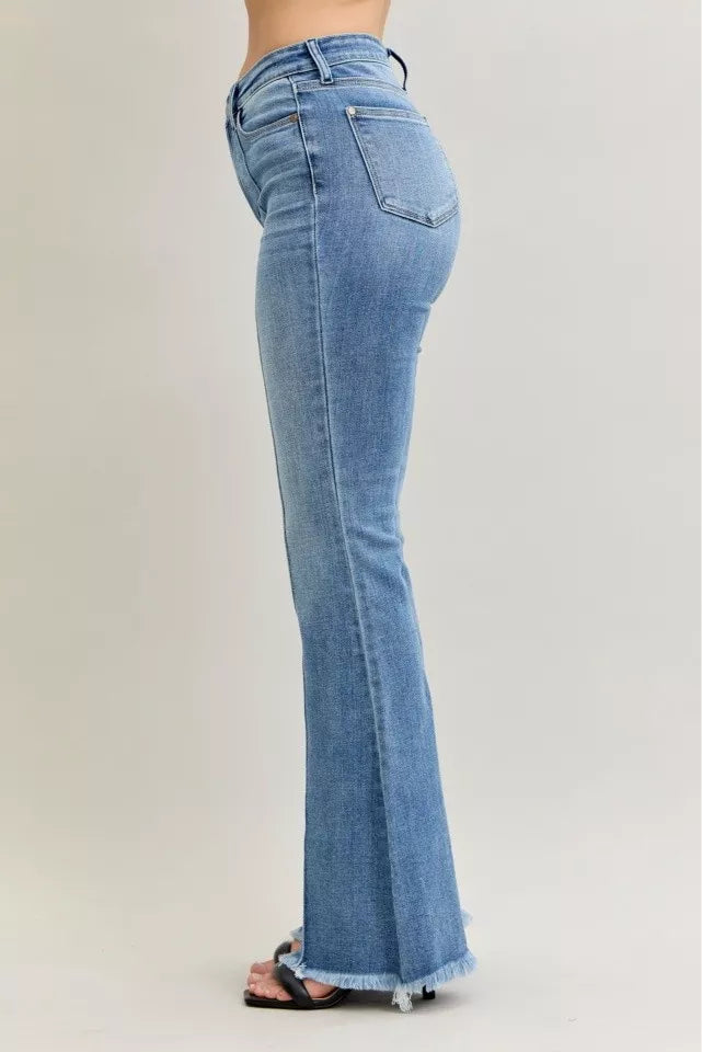 Sarah Express Women’s High Rise Flare Jeans with Fray Hem and Pintuck Detail