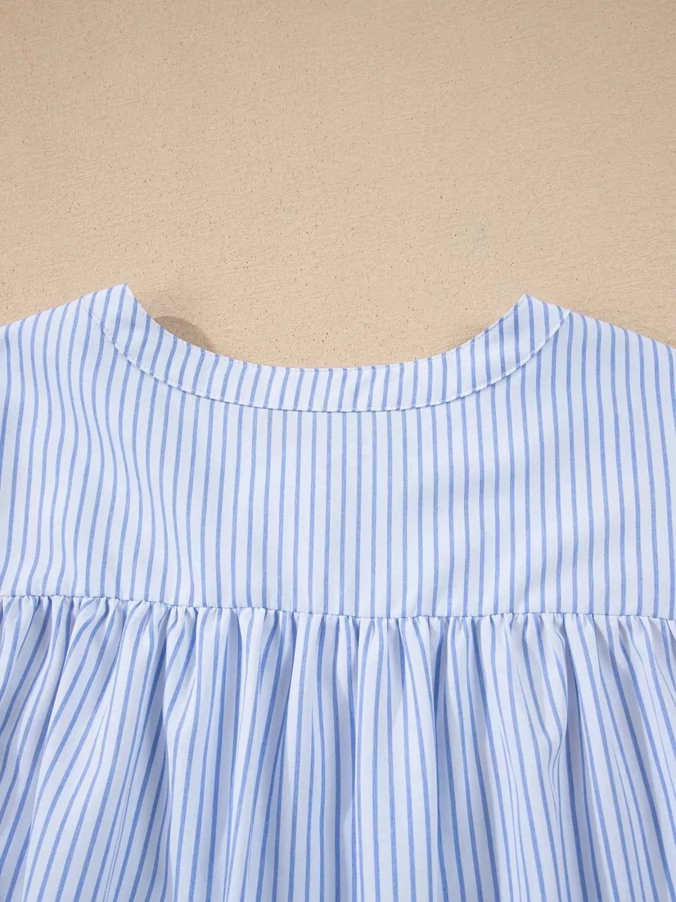 Sarah Express Women's Stripe Floral Embroidered Tunic Blouse - Billowy Sleeve Baggy Shirt