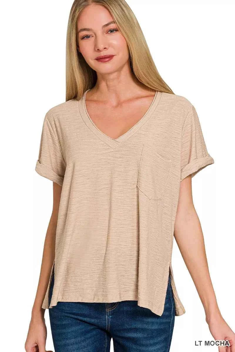Sarah Express Women's Slub Rolled Short Sleeve V-Neck Tee LT MOCHA