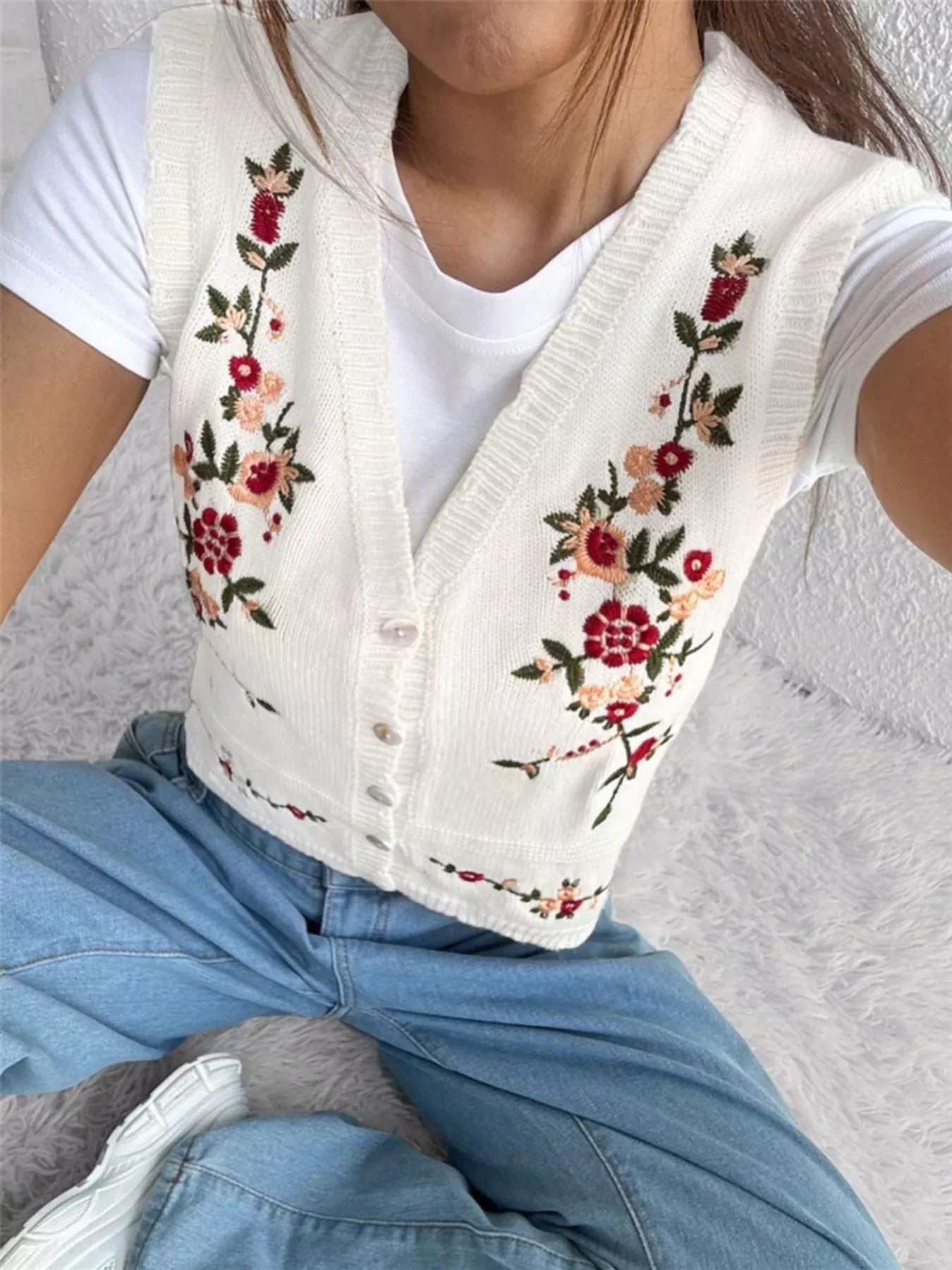 Sarah Express Women's Embroidered Button Up Sweater Vest