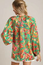 Sarah Express Women’s Paisley Satin Ruffle Neck Button-Up Blouse