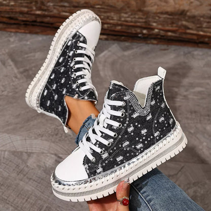 Sarah Express Women's Rhinestone Platform Sneakers Lace Up Canvas Shoes