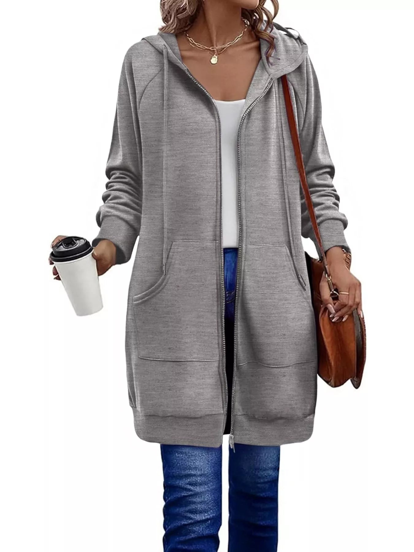 Sarah Express Women's Casual Longline Zip-Up Hooded Outerwear Grey