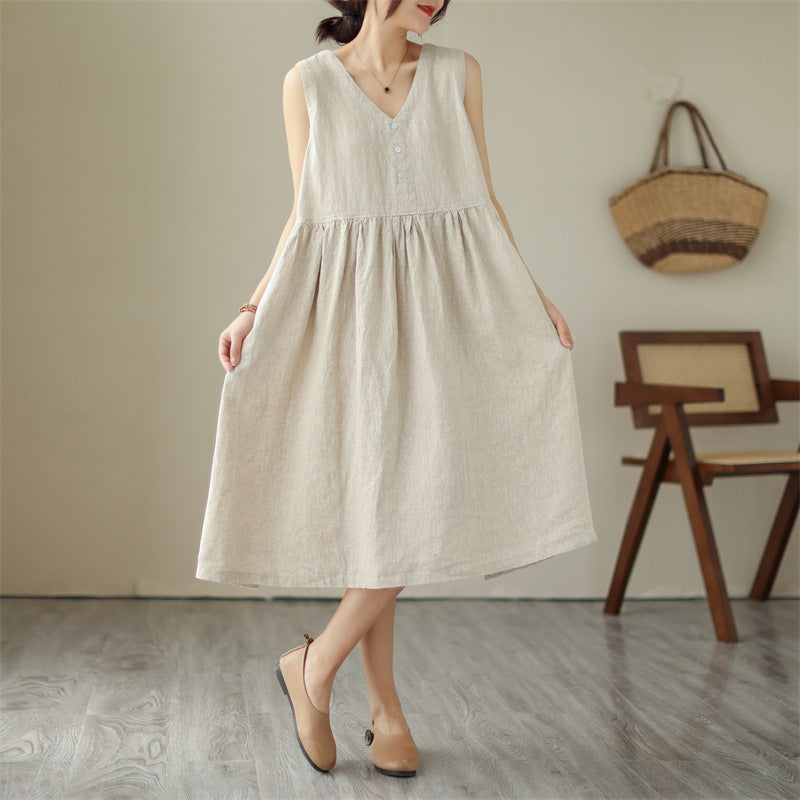 Sarah Express Women's Cotton Linen V-Neck Sleeveless Midi Dress Japanese Style Loose Fit Summer