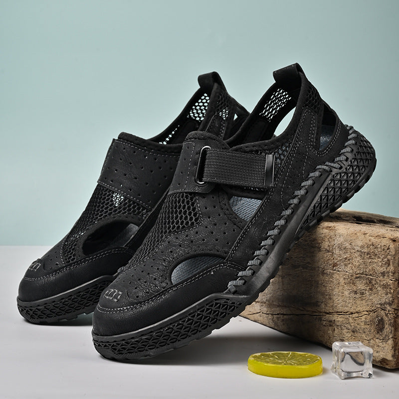 Sarah Express Men's Breathable Leather Mesh Closed-Toe Sandals with Velcro Strap - Genuine Leather & Rubber Sole