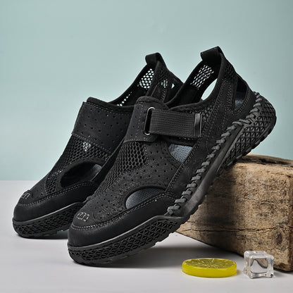 Sarah Express Men's Breathable Leather Mesh Closed-Toe Sandals with Velcro Strap - Genuine Leather & Rubber Sole