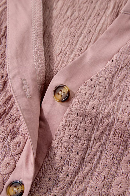 Sarah Express Women's Textured Embroidered Half Button Blouse Short Sleeve