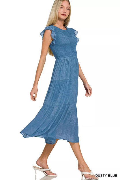 Sarah Express Women's Woven Smocked Ruffle Sleeve Midi Dress