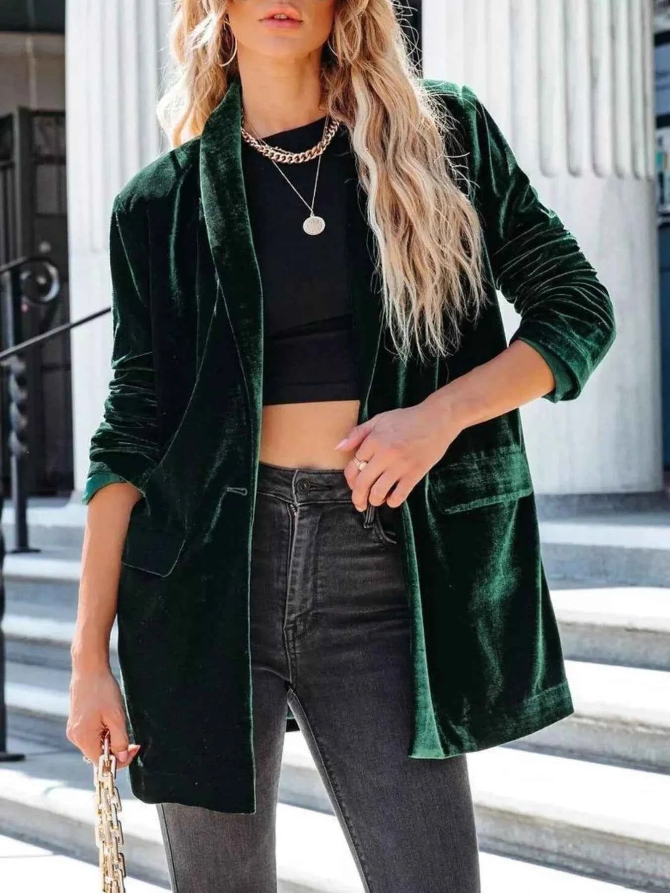 Sarah Express Women's Velvet One Button Blazer Jacket - Elegant Outerwear