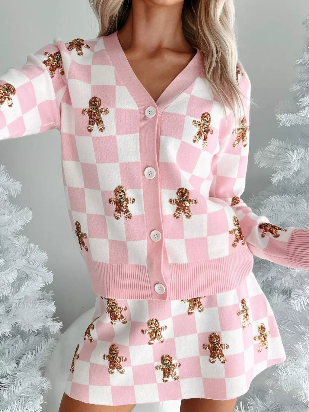 Sarah Express Women's Gingerbread Checkered Cardigan and Skirt Sweater Set