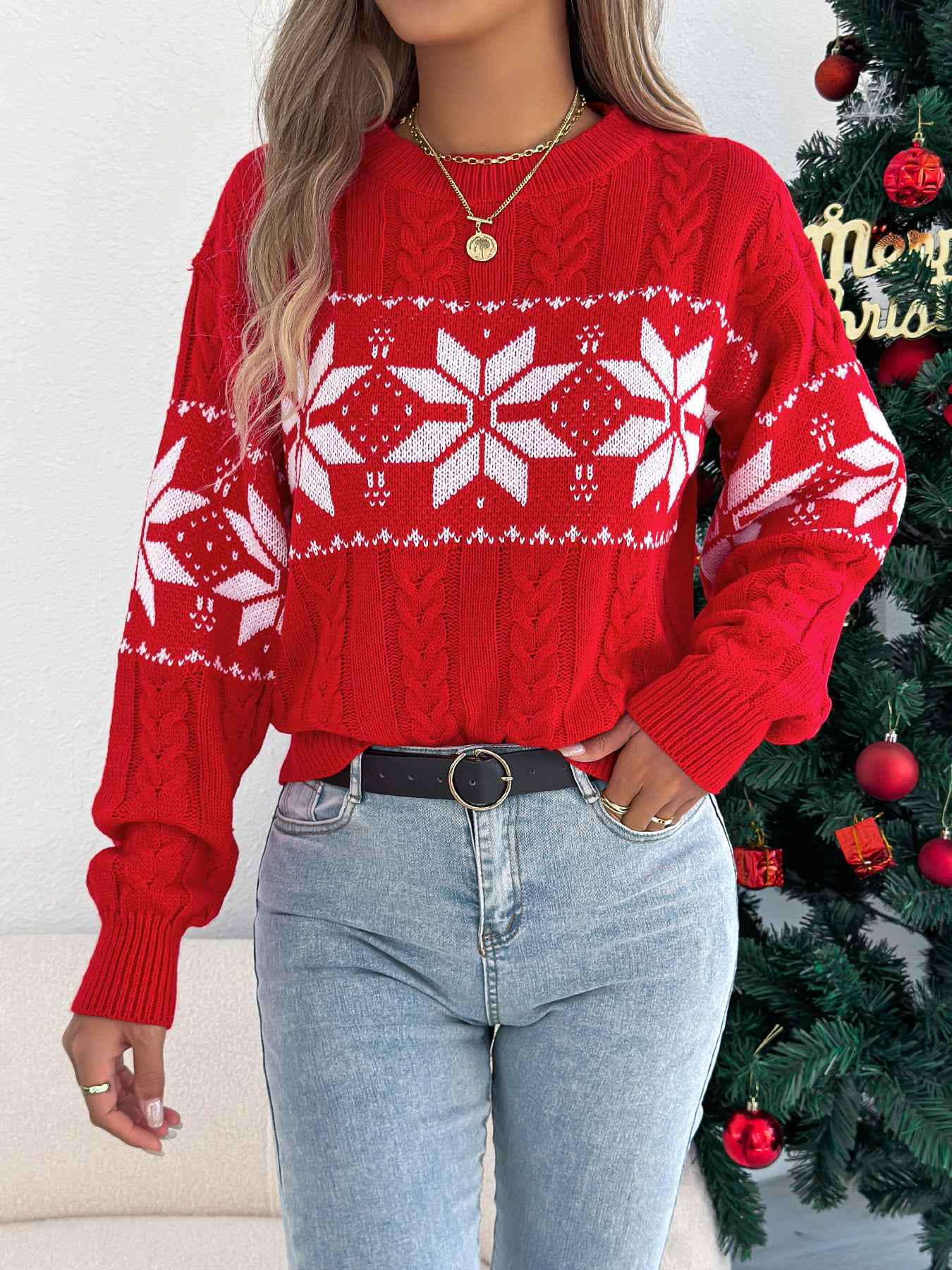 Sarah Express Women's Snowflake Pattern Turtleneck Pullover Sweater - Lantern Sleeve Knit