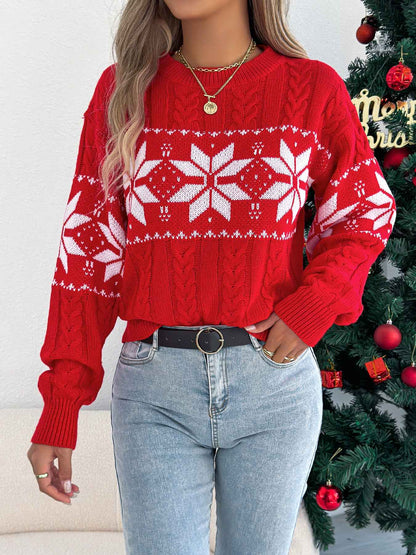 Sarah Express Women's Snowflake Pattern Turtleneck Pullover Sweater - Lantern Sleeve Knit