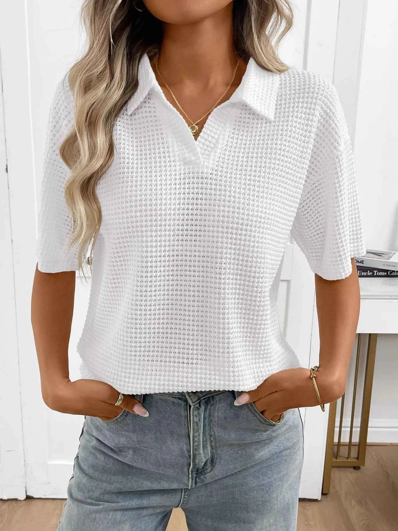 Sarah Express Women's Striped Waffle Knit Short Sleeve Top