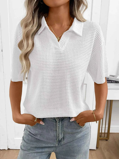 Sarah Express Women's Striped Waffle Knit Short Sleeve Top