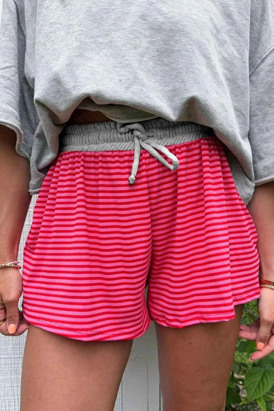 Sarah Express Women's Stripe Contrast Elastic Waist Casual Ribbed Shorts