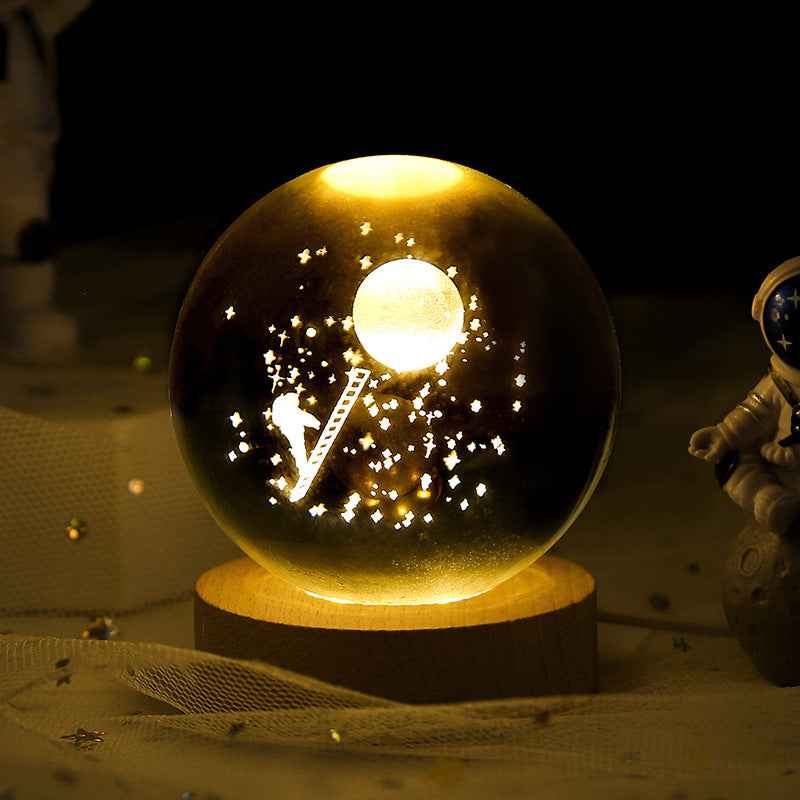 Sarah Express 3D Crystal Ball Night Light - Luminous Planetary Moon Galaxy Projection Lamp with Wooden Base Solid Wood Lamp Holder Landing on the Moon 6CM