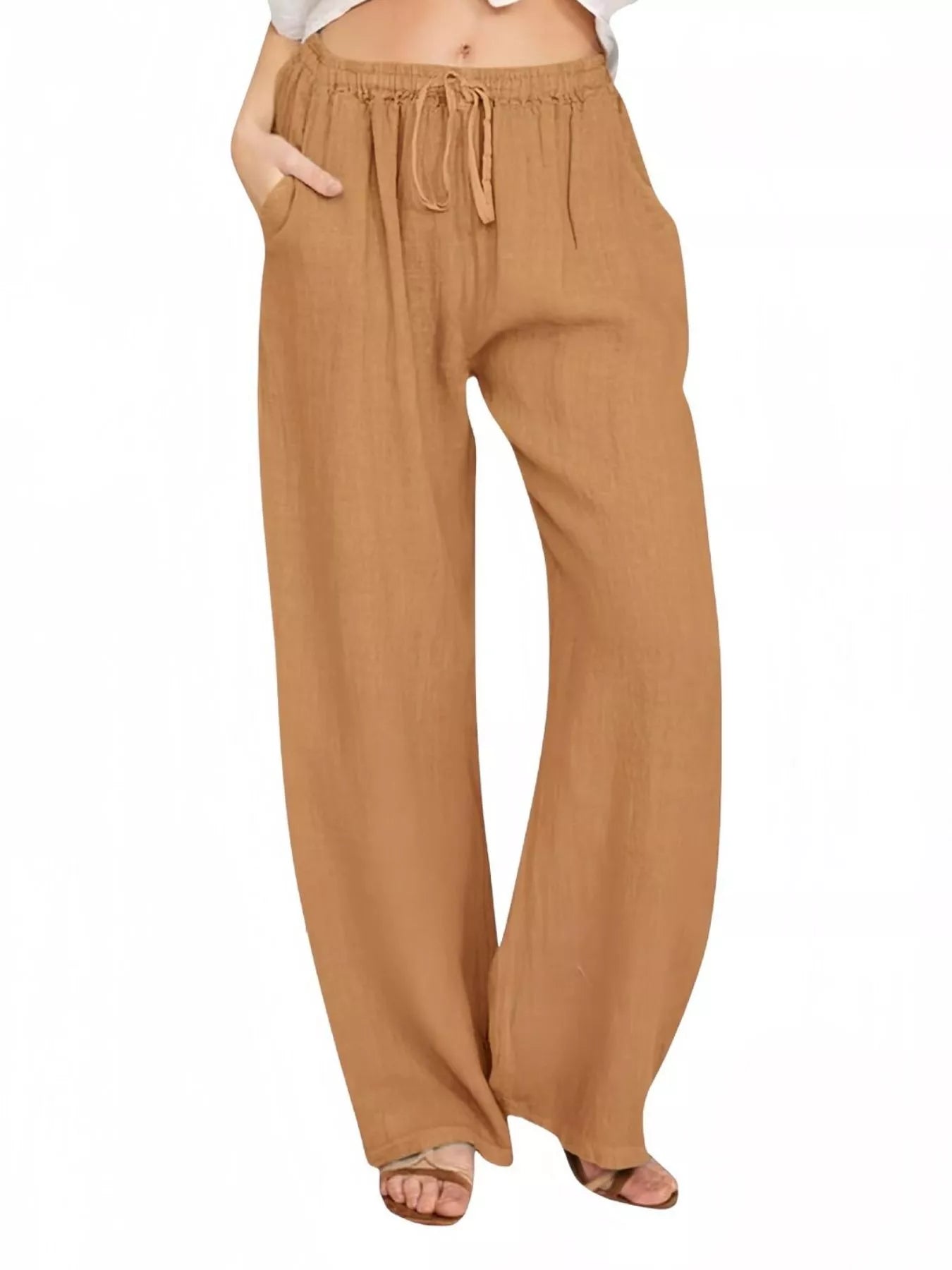 Sarah Express Women's Casual Wide Leg Pants with Drawstring Camel