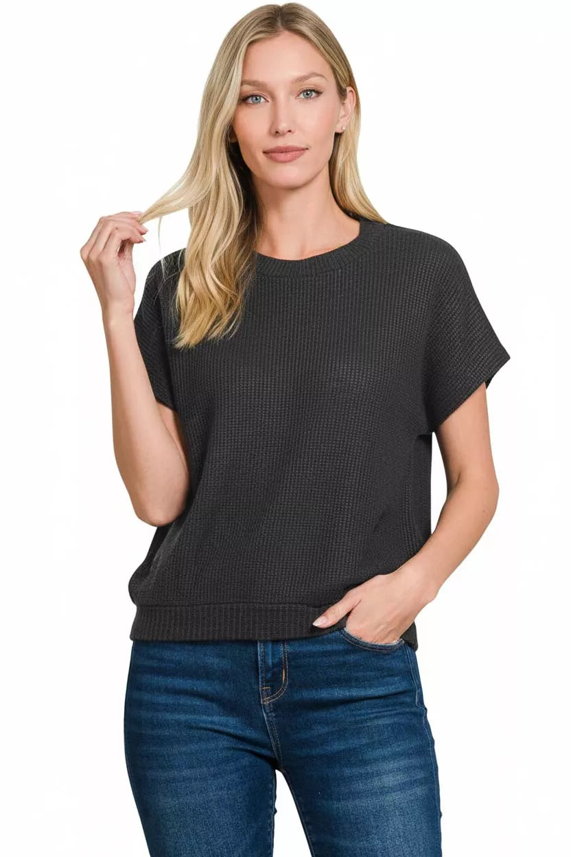 Sarah Express Women's Round Neck Banded Button Short Sleeve Sweater