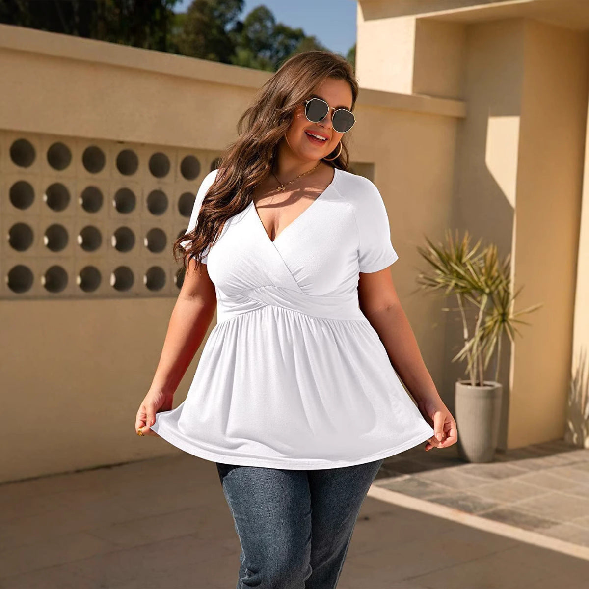 Sarah Express Women's V-Neck Short Sleeve T-Shirt with Pleated Detail Pullover Top