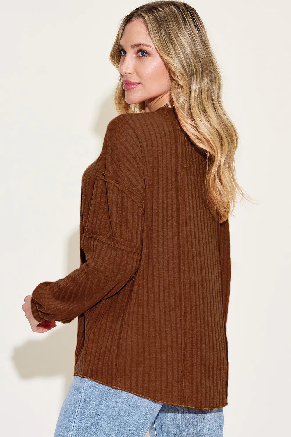 Sarah Express Women’s Plus Size Ribbed Long Sleeve T-Shirt with Exposed Seam
