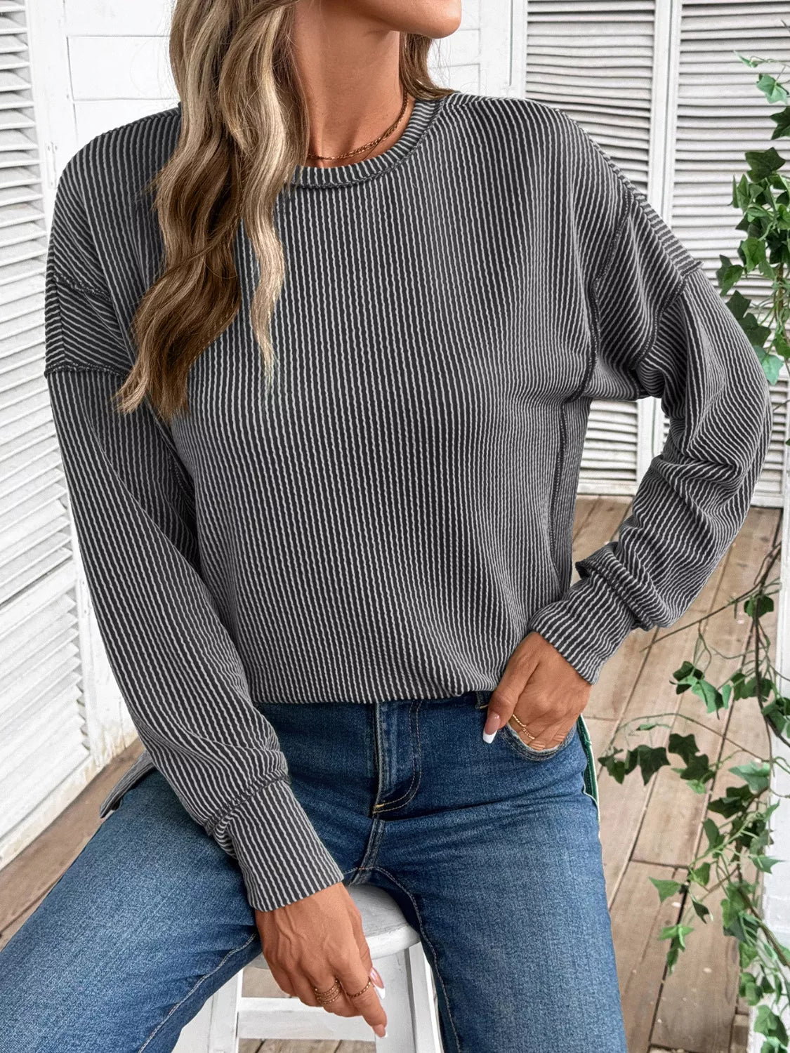 Sarah Express Women's Side Slit Round Neck Sweatshirt
