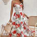 Sarah Express Women's Printed V Neck Midi Dress Lace Detail High Slit Sleeveless