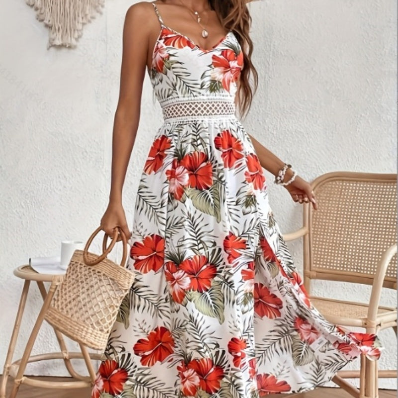 Sarah Express Women's Printed V Neck Midi Dress Lace Detail High Slit Sleeveless