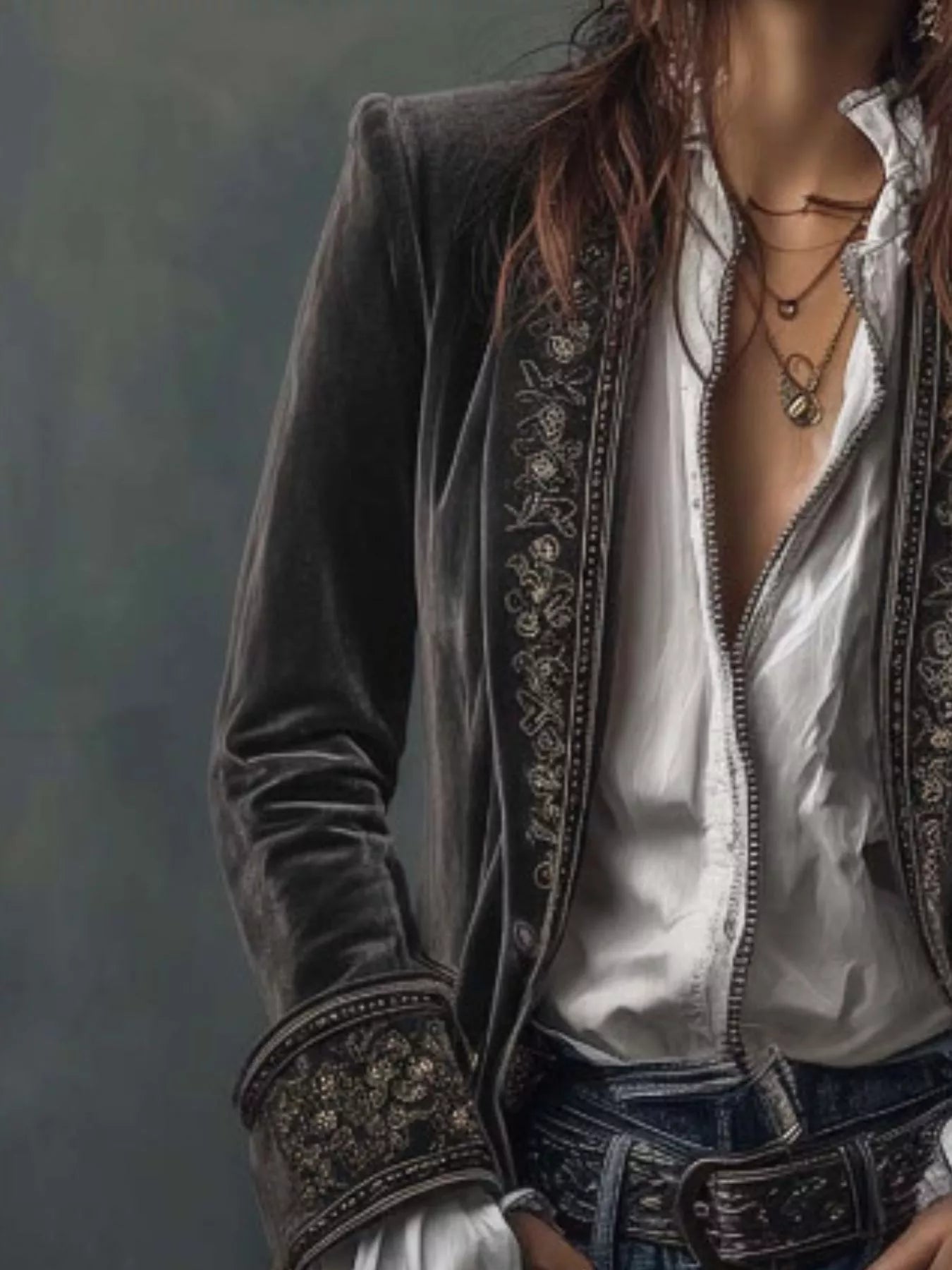 Sarah Express Women's Embroidered Velvet Jacket - Long Sleeve Outerwear