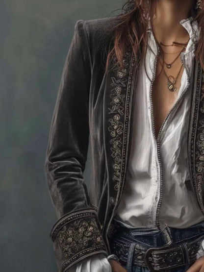 Sarah Express Women's Embroidered Velvet Jacket - Long Sleeve Outerwear