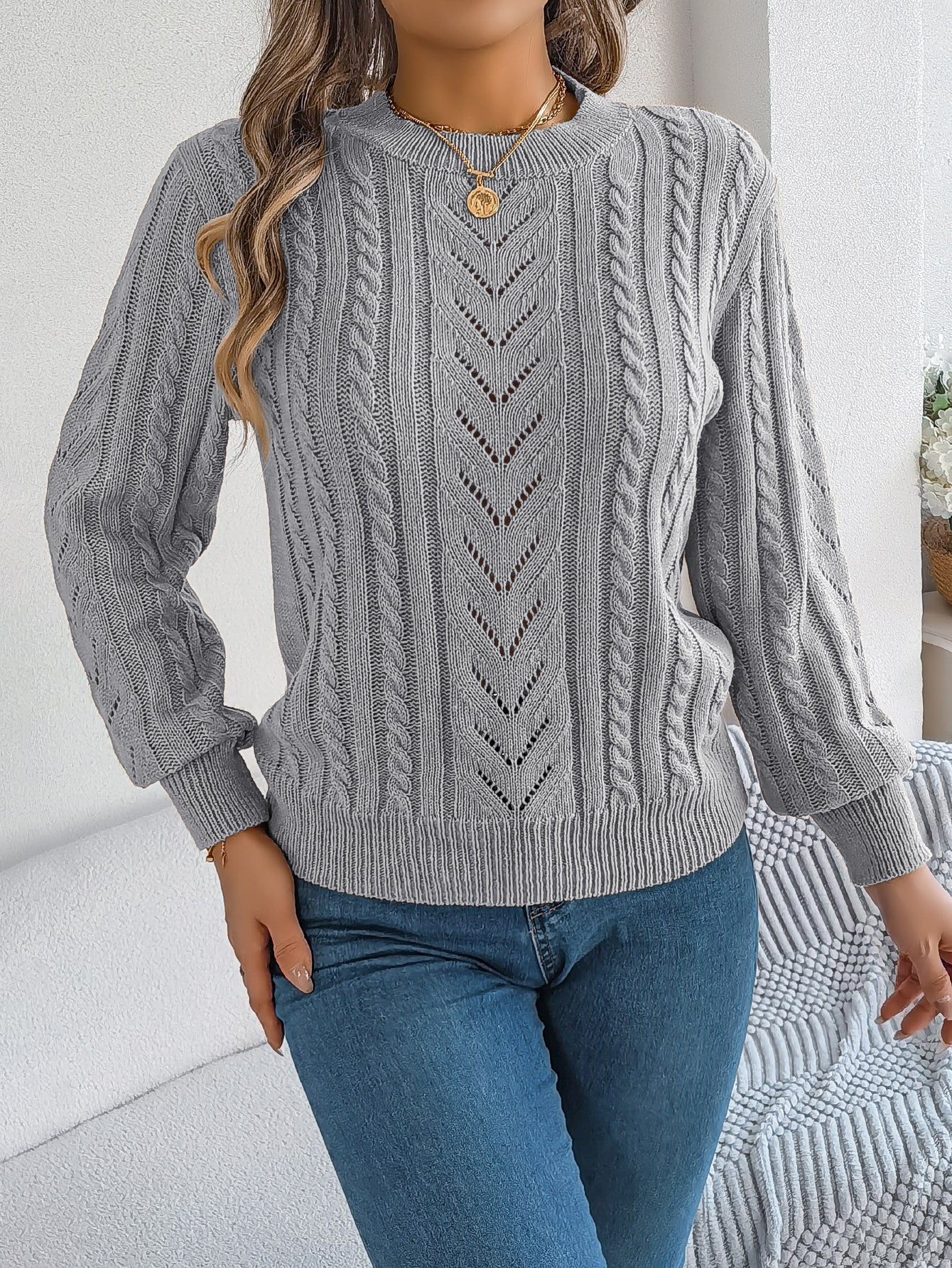 Sarah Express Women's Hollow Out Lantern Sleeve Pullover Sweater - Casual Solid Color Knitwear