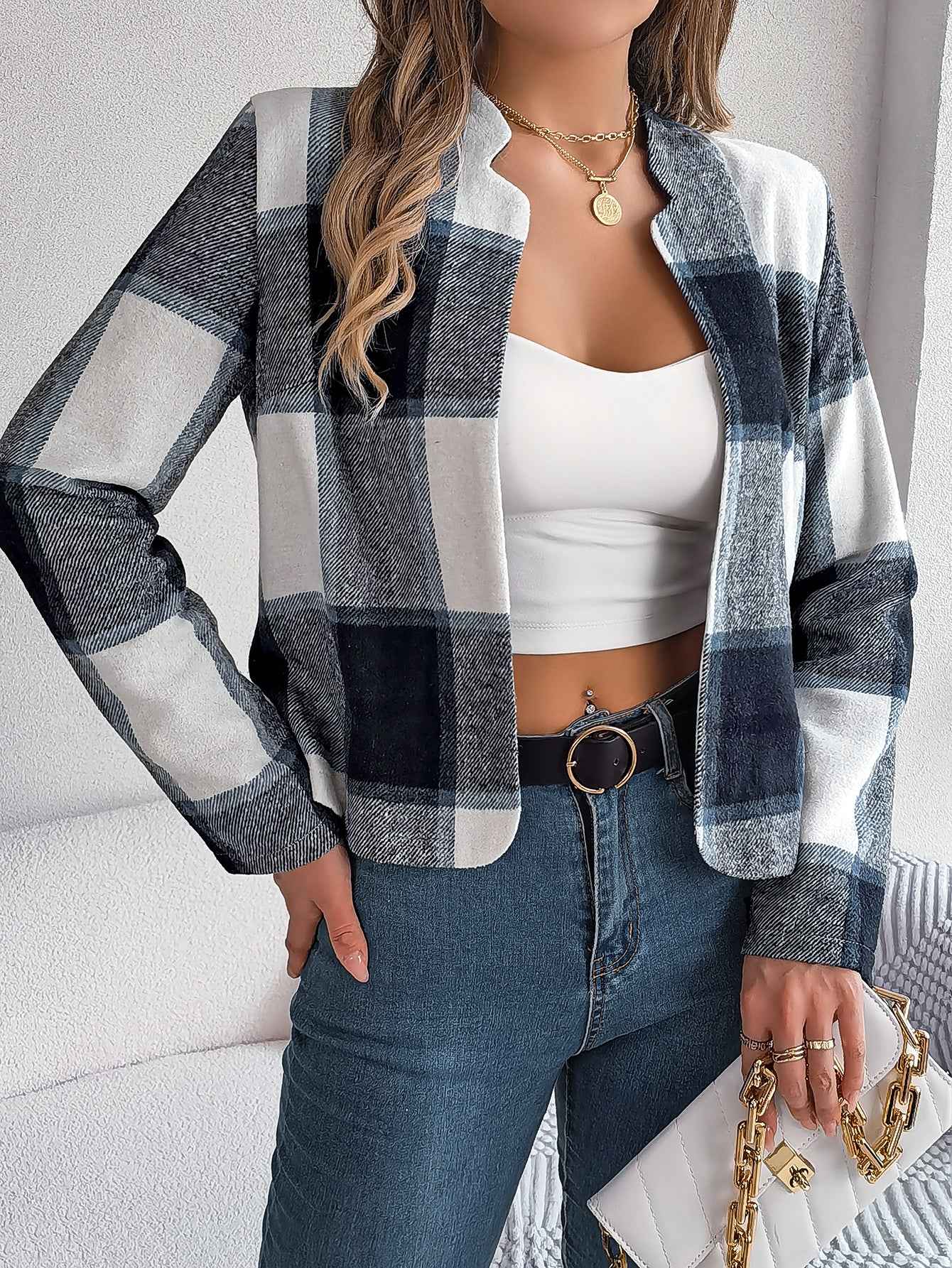 Sarah Express Women's Plaid Tweed Two-Piece Set - Long Sleeve Blazer & Skirt Outfit