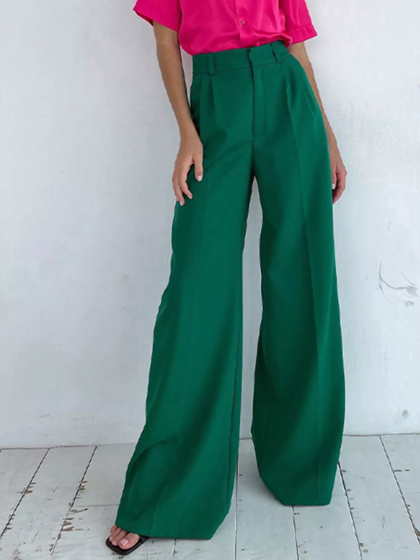 Sarah Express Women's Wide Leg Pleated Pants with Pockets - High Waist Palazzo Trousers Green
