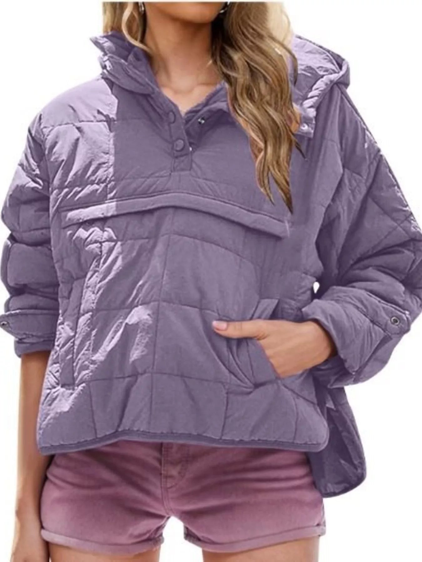 Sarah Express Women's Quarter Snap Hooded Puffer Jacket Lavender
