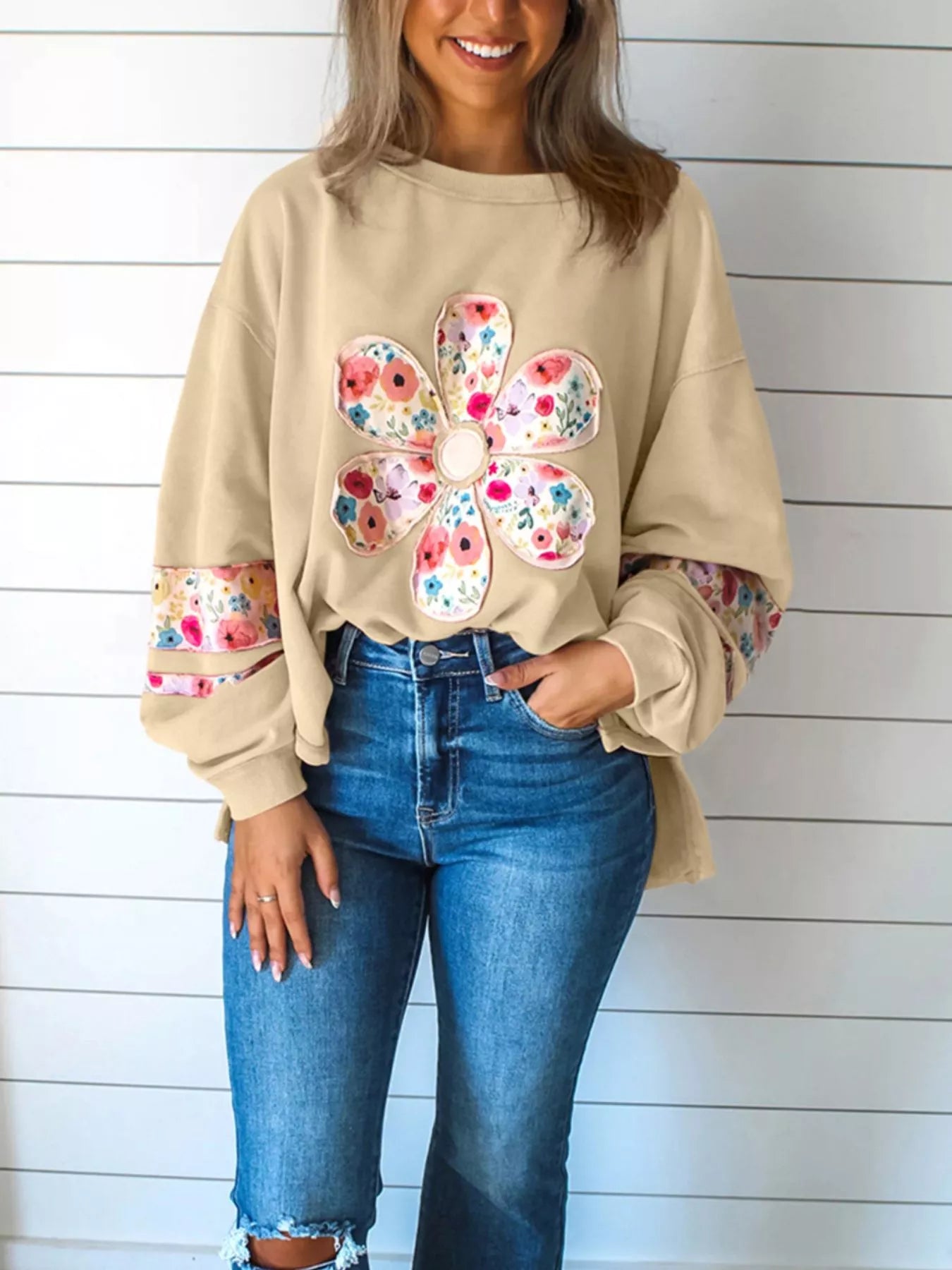 Sarah Express Women's Plus Size Floral Applique Drop Shoulder Sweatshirt Beige