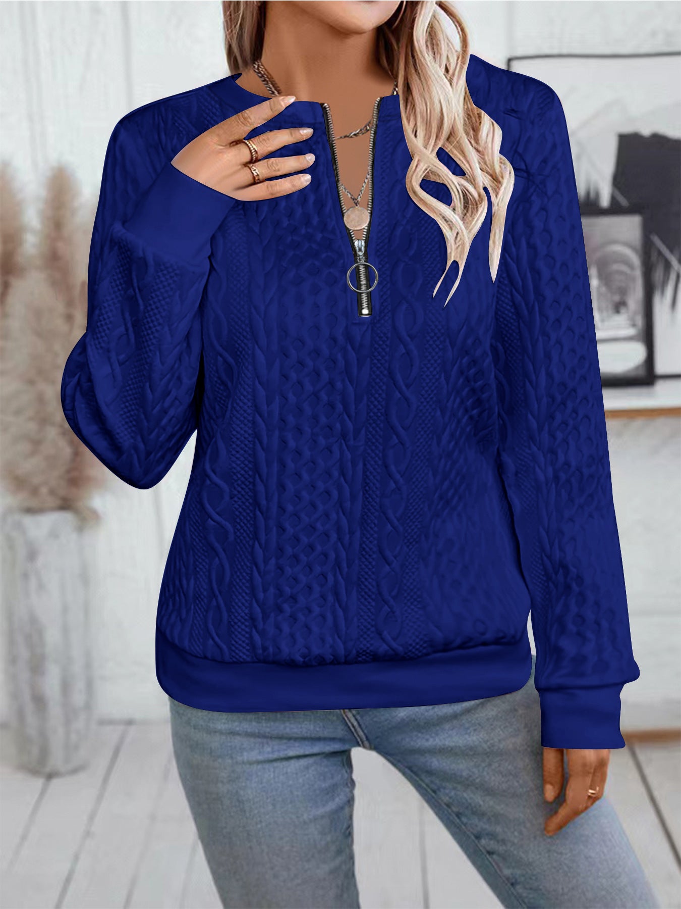 Sarah Express Women's Zipper Detail Long Sleeve Sweater Casual Loose Fit Pullover Top