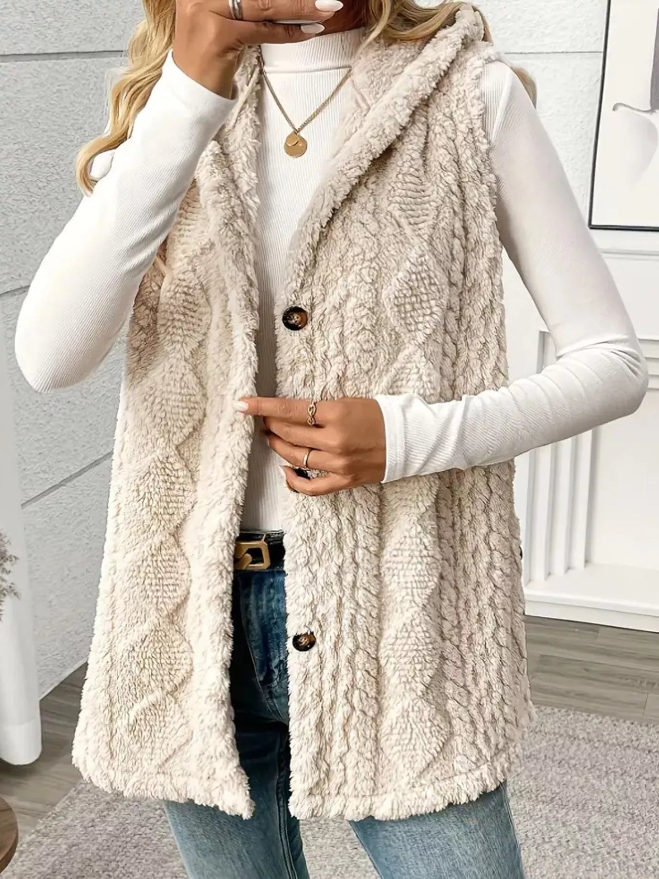 Sarah Express Women's Hooded Button-Up Sherpa Vest Coat