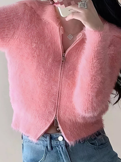 Sarah Express Women's Fluffy Knit Zip-Up Cardigan