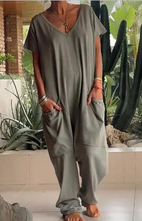 Sarah Express Women's V-Neck Oversized Jumpsuit Quarter Sleeve Pockets Casual Street Style Spring Summer
