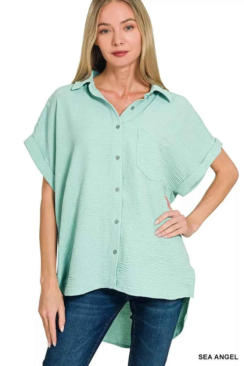 Sarah Express Women's Woven Airflow Button Down Shirt - Breathable Lightweight Top SEA ANGEL
