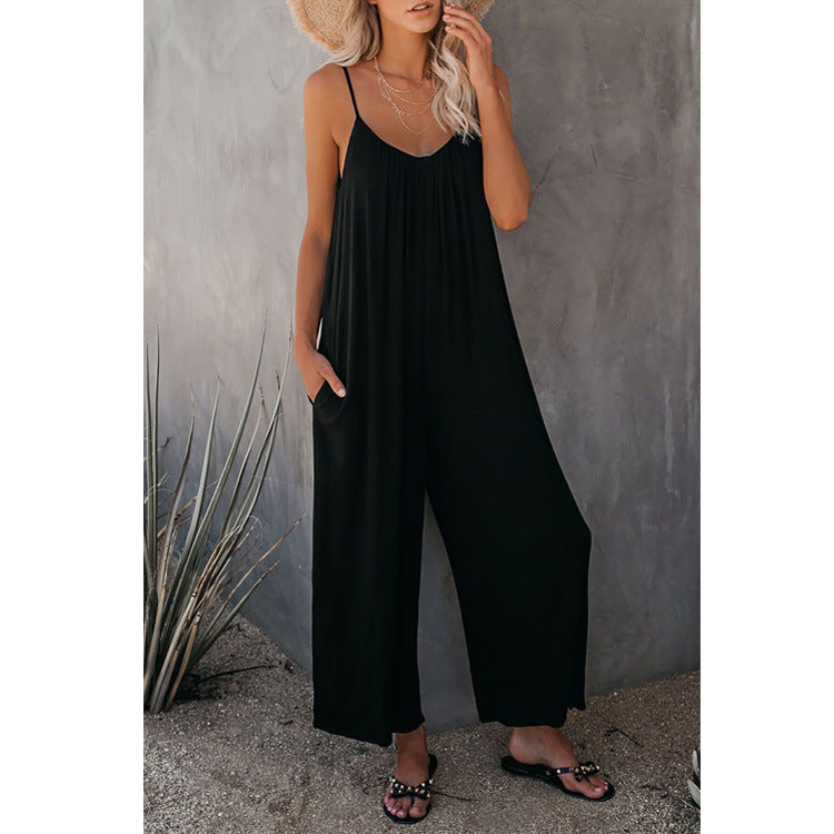 Women's Sleeveless Jumpsuit with Pockets - Casual Loose Fit Romper