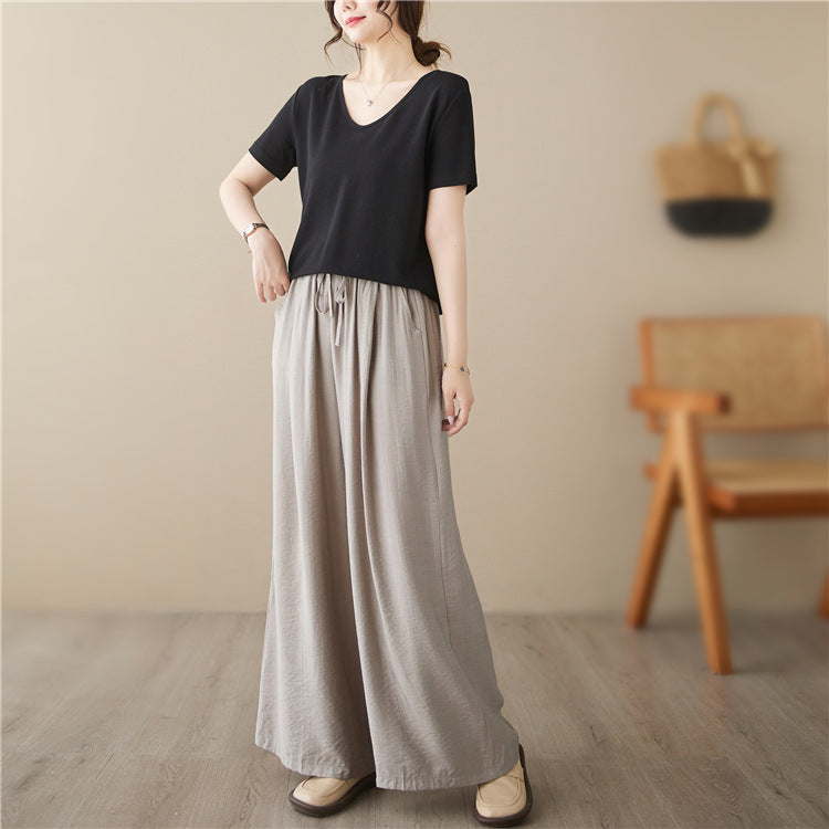 Sarah Express Women's Plus Size Wide Leg Pants Elastic Waist Straight Cotton Casual Trousers