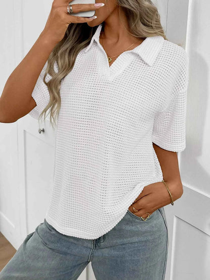 Sarah Express Women's Striped Waffle Knit Short Sleeve Top